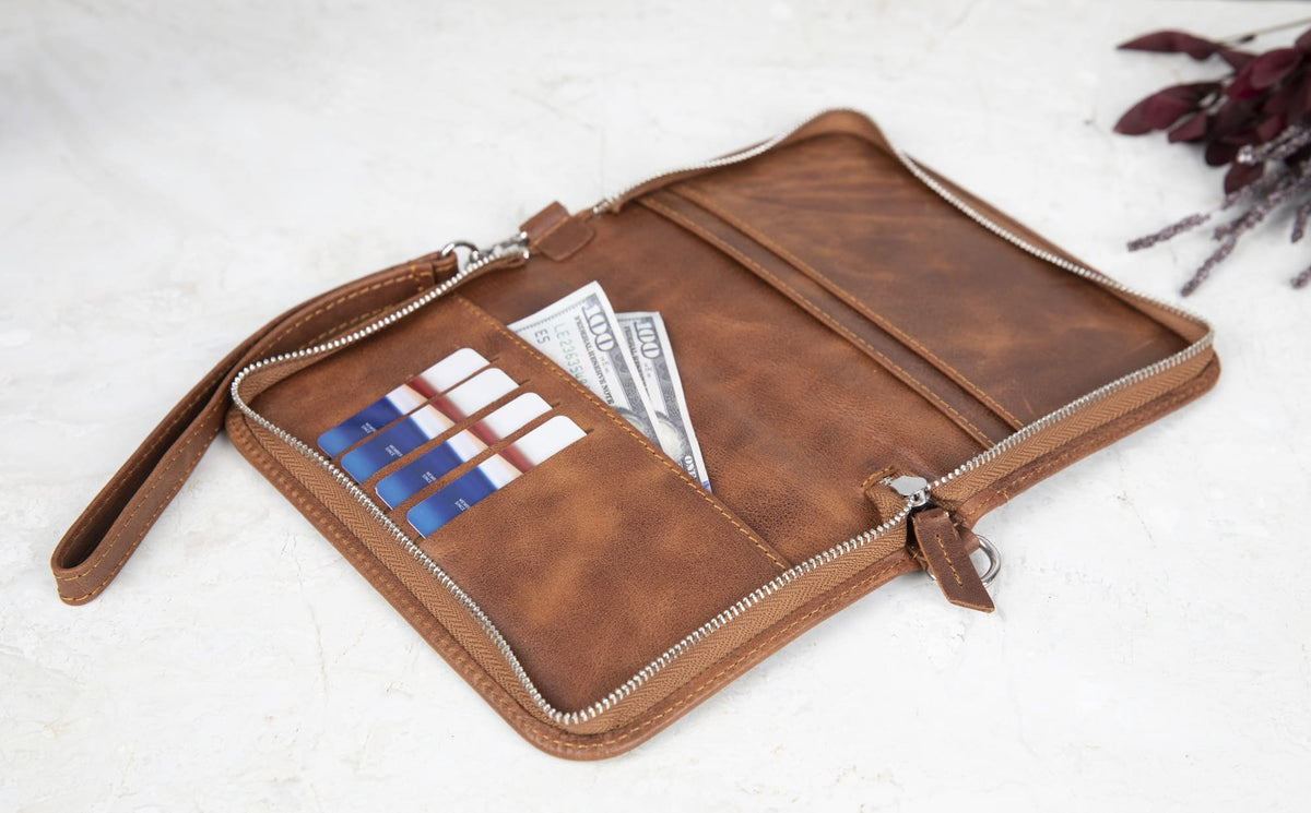 Handcrafted Leather Zipped Passport Holder with Wristlet by Hardiston - premium Passport Cases