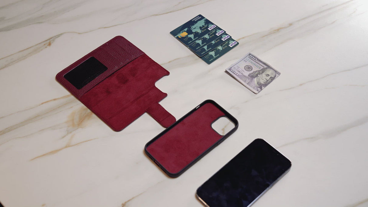 iPhone 12 Pro Handmade 2-in-1 Magnetic Detachable Wallet Case with 4 Slots, MagSafe, RFID & TPE Bumper